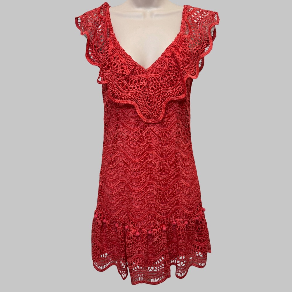 Saylor Fern Mini Dress XS Red Crochet Lace Ruffle Flutter Sleeve Boho Romantic